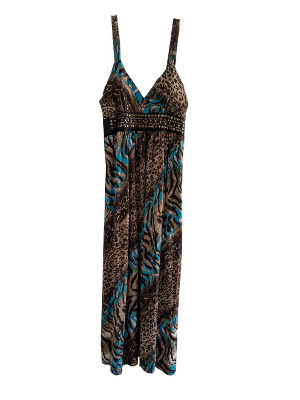 Studio West Women's Animal Print Maxi Dress, Blue Brown, Large, Boho Sundress